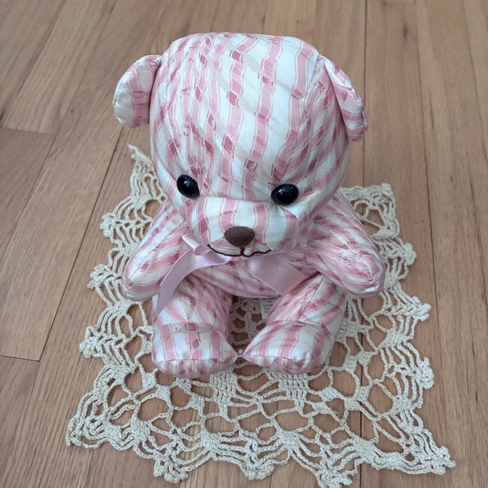 NWOT Saks Fifth Avenue Vintage Pink/White w/It. tan Striped Bear, stuffed muslin